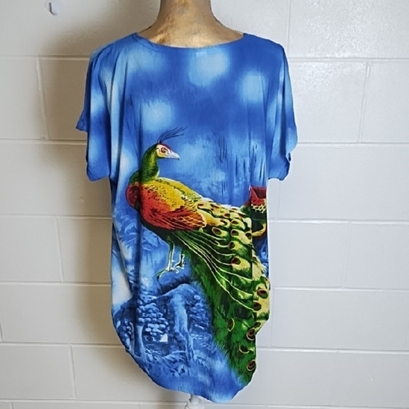 Lightweight Stretchy Peacock Print Blue Women's coverup Lounge Top - Picture 3 of 11
